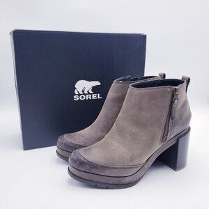 Sorel Blake Ankle Bootie Platform Chunky Block Heel Side Zip Quarry Size 9.5